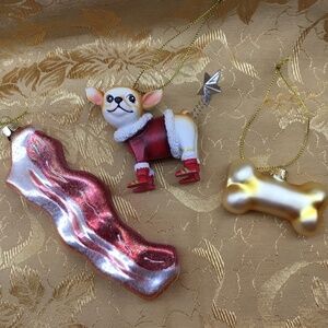 2 ~ Robert Stanley Christmas Ornaments ~ Bacon, Dog Bone Plus Free Dog Ornament